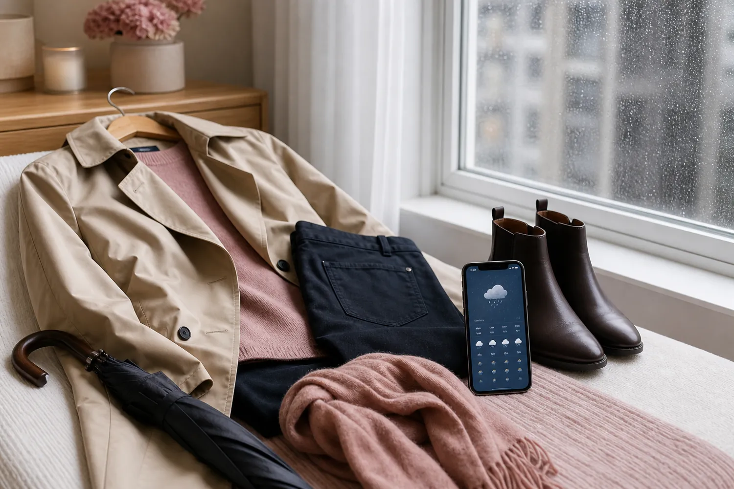 A trench coat, boots and umbrella beside a phone showing rain